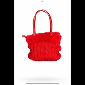 Murval Paris Bright Red Knit Clutch with Dyed Rabbit Fur Border/Pompoms Pouch
